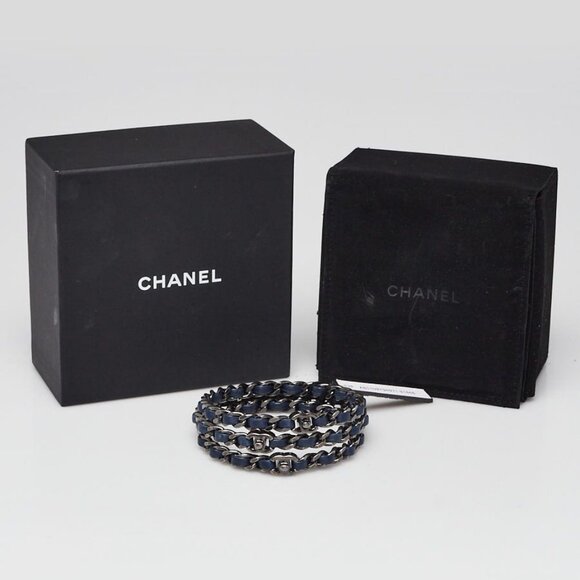 Chanel Blue Leather Ruthenium Chain Bangle Bracelets - Picture 1 of 5